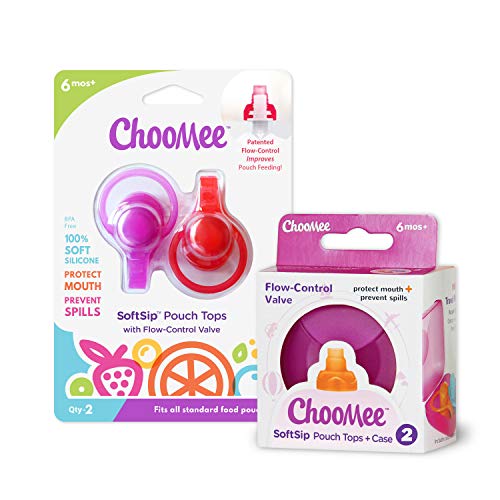 ChooMee SoftSip Food Pouch Tops | 4 Colors + Purple case | Prevent Spills and Protect Childs Mouth
