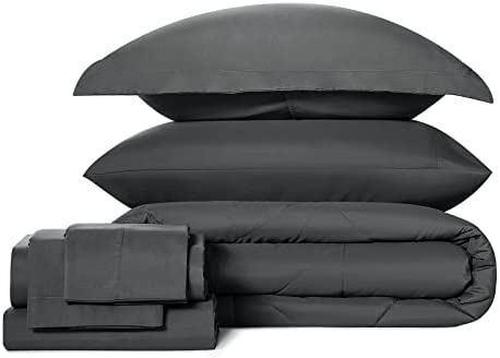 CozyLux Queen Bed in a Bag 7-Pieces Comforter Sets with Comforter and Sheets Dark Grey All Season Be