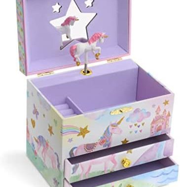 Jewelkeeper Musical Jewelry Box with 2 Pullout Drawers, Glitter Rainbow and Stars Unicorn Design, Th
