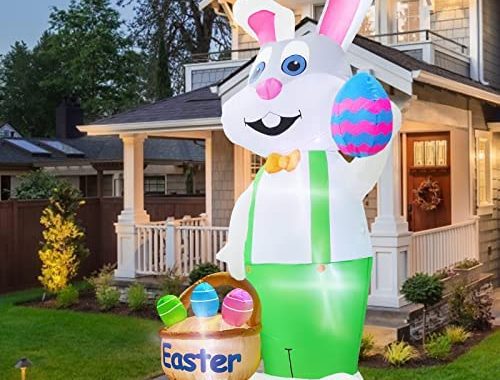 TURNMEON 8 Feet Giant Bunny Easter Inflatables Outdoor Decoration, Lighted Blow up Rabbit Holds East