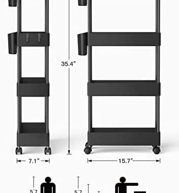 Pipishell Slim Storage Cart with Wheels, 4 Tier Bathroom Storage Organizer Rolling Utility Cart for