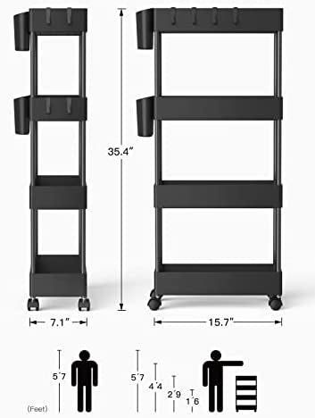 Pipishell Slim Storage Cart with Wheels, 4 Tier Bathroom Storage Organizer Rolling Utility Cart for
