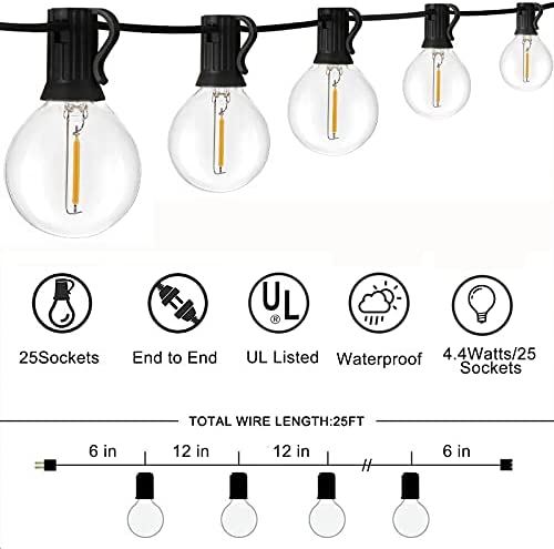 VMANOO Outdoor String Lights 25Ft Globe Patio Lighting G40 LED Bulbs Waterproof for Outside Yard Gaz