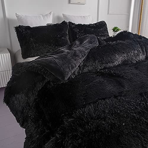 chovy Faux Fur Plush Black Comforter Sets Full/Queen - Ultra Soft Shaggy Flannel Velvet Fluffy Fuzzy