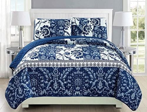 Mk Collection 3pc Bedspread Coverlet Quilted Floral White Navy Blue Over Size New #186 King/Californ