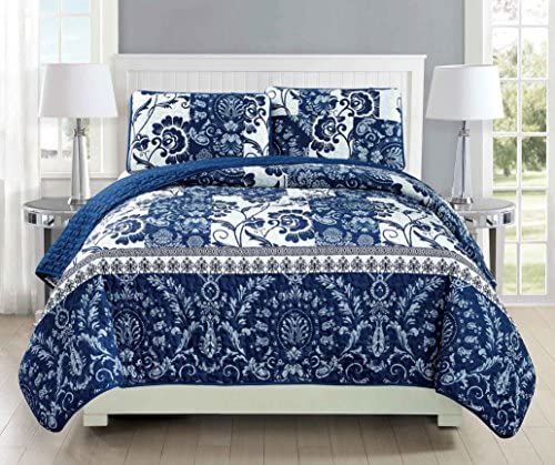 Mk Collection 3pc Bedspread Coverlet Quilted Floral White Navy Blue Over Size New #186 King/Californ
