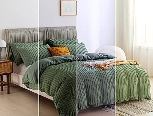 JELLYMONI Green Duvet Cover Queen Size - 3PCS Microfiber Tufted Duvet Cover Set, Boho Striped Tufted