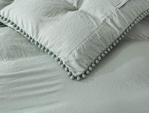 Andency Pom Pom Fringe Duvet Cover Queen Size (90x90 Inch), 3 Pieces (1 Solid Sage Green Duvet Cover