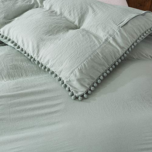Andency Pom Pom Fringe Duvet Cover Queen Size (90x90 Inch), 3 Pieces (1 Solid Sage Green Duvet Cover