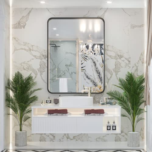 TETOTE 40x30 Inch Black Frame Mirror, Bathroom Vanity Mirror for Wall, Modern Rectangle Round Corner