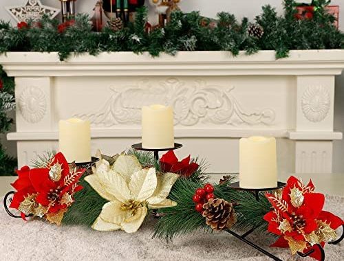 Joliyoou Christmas Tabletop Centerpieces, 17.5" L Christmas Poinsettia Candle Holder with 3 Battery