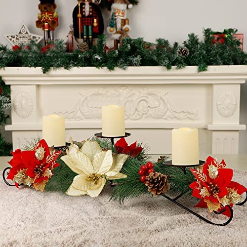 Joliyoou Christmas Tabletop Centerpieces, 17.5" L Christmas Poinsettia Candle Holder with 3 Battery