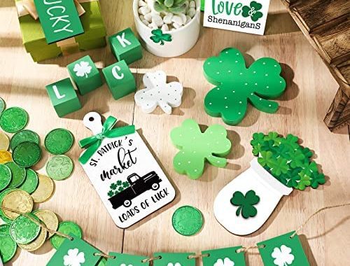 15 Pcs St. Patrick's Day Tiered Tray Decor Set, Table Top Decor Farmhouse Wooden Block Signs St. Pat