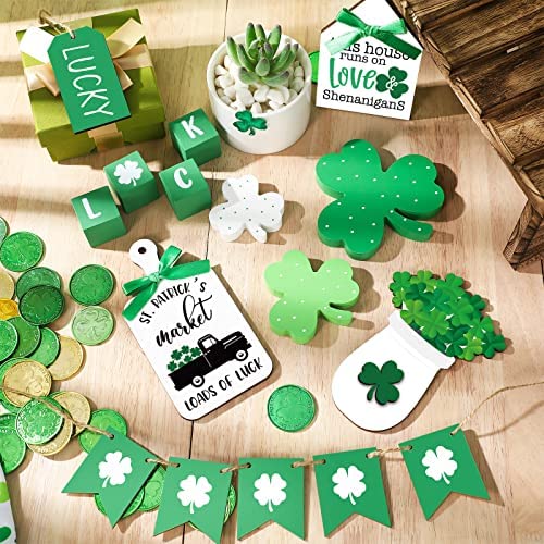 15 Pcs St. Patrick's Day Tiered Tray Decor Set, Table Top Decor Farmhouse Wooden Block Signs St. Pat