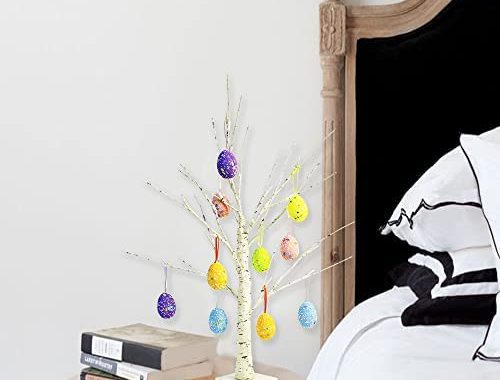 kemooie 24 Inch Pre-lit White Birch Tree with 10 Hanging Easter Egg Ornaments, 24 Led Lights Battery