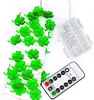 St. Patrick's Day Lights Shamrock String Lights Battery Operated 13 Feet 40 LEDs 8 Mode with Remote