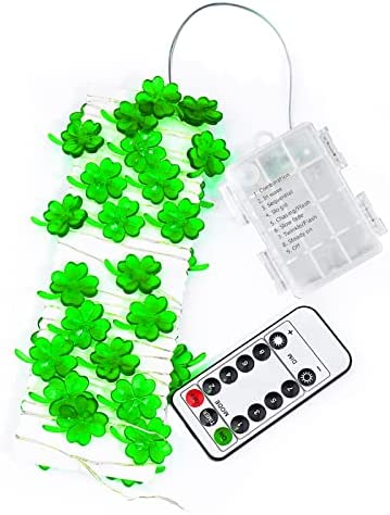 St. Patrick's Day Lights Shamrock String Lights Battery Operated 13 Feet 40 LEDs 8 Mode with Remote