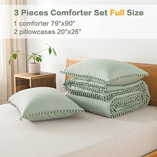 Litanika Sage Green Pom Pom Fringe Comforter Full(79x90 Inch), 3 Pieces(1 Boho Comforter and 2 Pillo