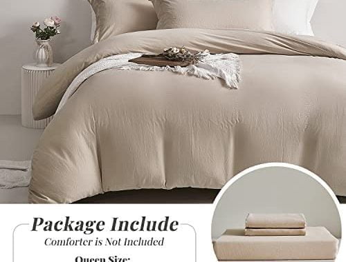 MILDLY Duvet Cover Queen Size - Super Soft Khaki Duvet Cover Set 3 Piece 100% Washed Microfiber Comf