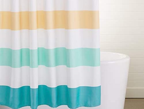 Amazon Basics Fun and Playful Rainbow Banded Stripe Printed Pattern Microfiber Bathroom Shower Curta