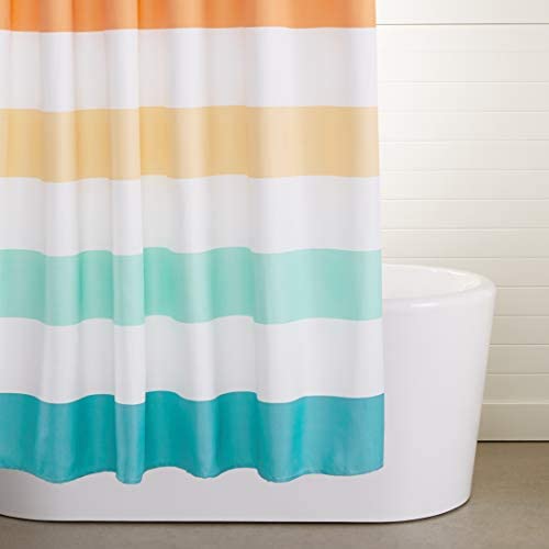 Amazon Basics Fun and Playful Rainbow Banded Stripe Printed Pattern Microfiber Bathroom Shower Curta