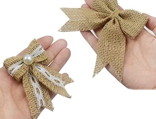 Aokbean 12 pcs Mini Pearl Natural Burlap Bows for Christmas Tree Wreath Cabinets Door Outdoor Decor