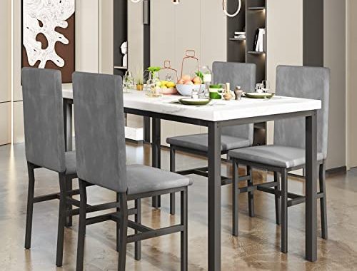 Amazon.com - MIERE Dining Table Set for 4, 5-Piece Marble DiningTableSet with 4 Velvet Metal Frame C