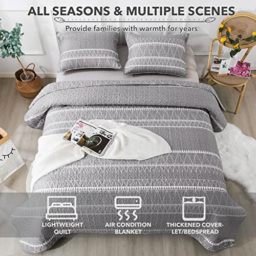 Andency Grey Quilt Set King (106x96 Inch), 3 Pieces(1 Striped Triangle Printed Quilt and 2 Pillowcas