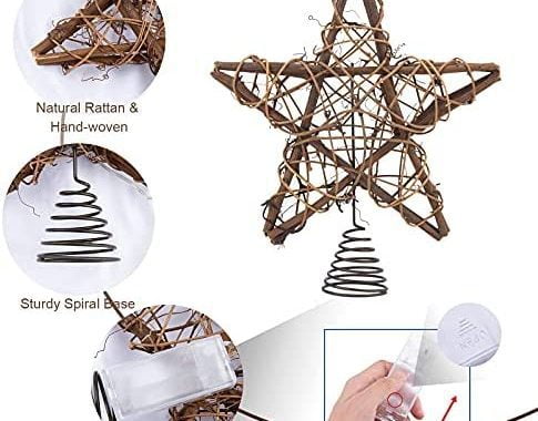 LAWOHO Christmas Tree Topper Star Rustic Rattan Natural Star Treetop 10 inch Farmhouse Xmas Tree and