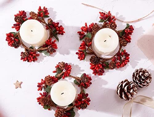 6Pcs 2.4inch Christmas Candle Ring, Xmas Artificial Beaded Berries Candle Rings, Small Pinecones Wre