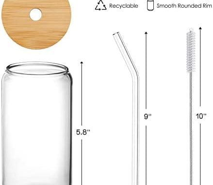 [ 8pcs Set ] Drinking Glasses with Bamboo Lids and Glass Straw - 16oz Can Shaped Glass Cups, Beer Gl