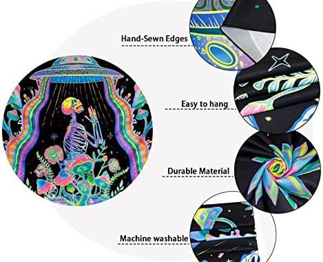 Galoker Blacklight Skeleton Tapestry Mushroom Floral Tapestry UV Reactive Alien UFO Tapestry Galaxy