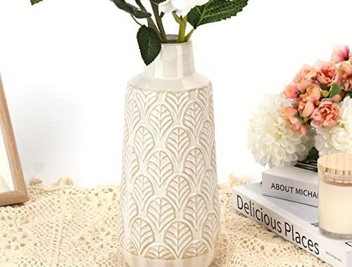 LiteViso 10 Inch Ceramic White Vases for Flowers, Boho Flower Vase for Home Decor, Beige Off-White F