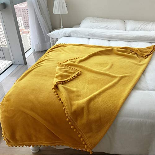 Amazon.com: LOMAO Flannel Blanket with Pompom Fringe Lightweight Cozy Bed Blanket Soft Throw Blanket