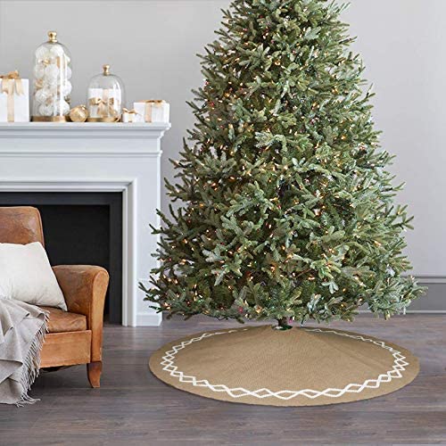 Ivenf Christmas Tree Skirt, 48 inches Large Natural Burlap Jute Plain with Hand-Sewn White Lace Deco