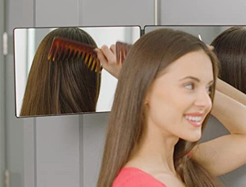 HIEEY 3 Way Mirror for Hair Cutting with LED ,360 Trifold Mirror with Height Adjustable Telescoping