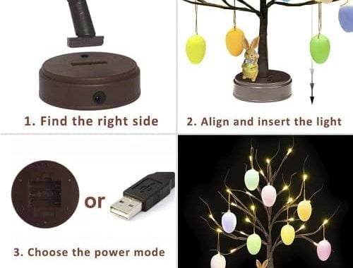 HEYCOLOR Easter Decor LED Lighted Tree with Easter Eggs Bunny 21 Inch Tabletop Easter Tree Lights LE