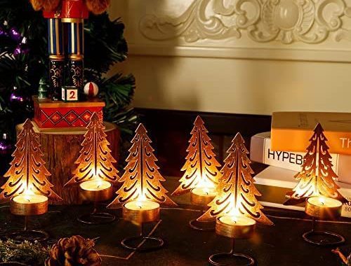 Lulu Home Christmas Tea Light Candle Holders, 6 Pack 5.5" H Metal Christmas Tree Tealighht Candle St