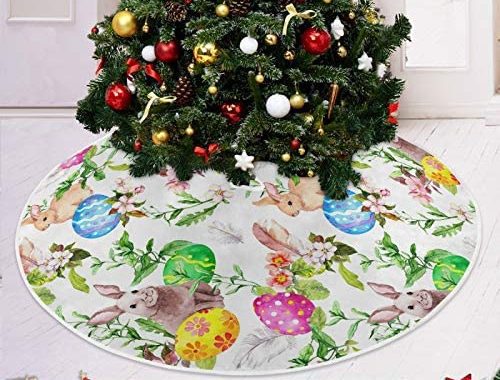 Easter Bunny Eggs Tree Skirt Grass Flowers Rabbits Christmas Tree Skirt 36 in Easter Holiday Party G