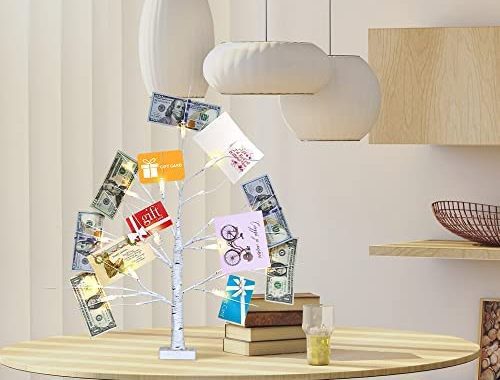 PHITRIC Money Tree Gift Holder, 24" 2FT Lighted Birch Tree with LEDs, Battery Powered Timer Display