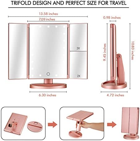 Amazon.com: Flymiro Tri-fold Lighted Vanity Makeup Mirror with 3x/2x Magnification,21 LEDs Light and