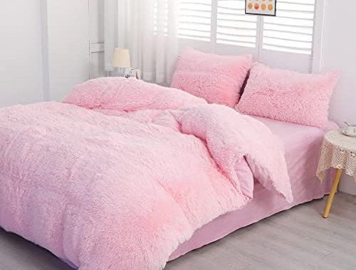 Amazon.com: chovy Faux Fur Plush Pink Comforter Cover Duvet Cover Queen - 3PC Bed Set Ultra Soft Sha