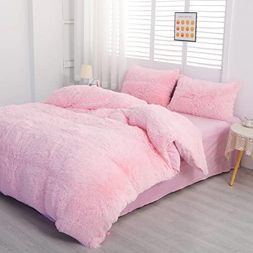 Amazon.com: chovy Faux Fur Plush Pink Comforter Cover Duvet Cover Queen - 3PC Bed Set Ultra Soft Sha