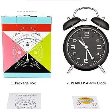 Peakeep 4 Inches Twin Bell Loud Alarm Clock for Heavy Sleepers, Backlight, Battery Operated Old Fash