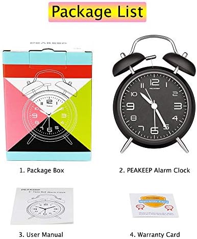 Peakeep 4 Inches Twin Bell Loud Alarm Clock for Heavy Sleepers, Backlight, Battery Operated Old Fash