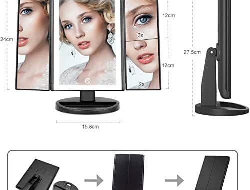 WEILY Lighted Vanity Makeup Mirror 1x/2x/3x Magnification Trifold with 36 LED Lights Touch Screen an