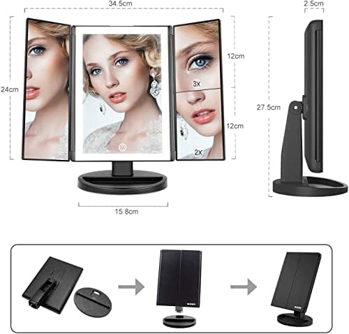 WEILY Lighted Vanity Makeup Mirror 1x/2x/3x Magnification Trifold with 36 LED Lights Touch Screen an