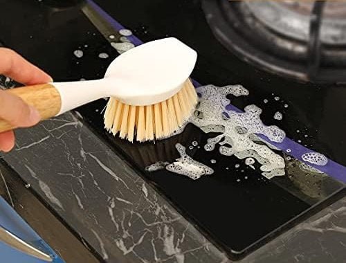 2 Pack Kitchen Dish Brush Bamboo Handle Dish Scrubber Built-in Scraper, Scrub Brush for Pans, Pots,