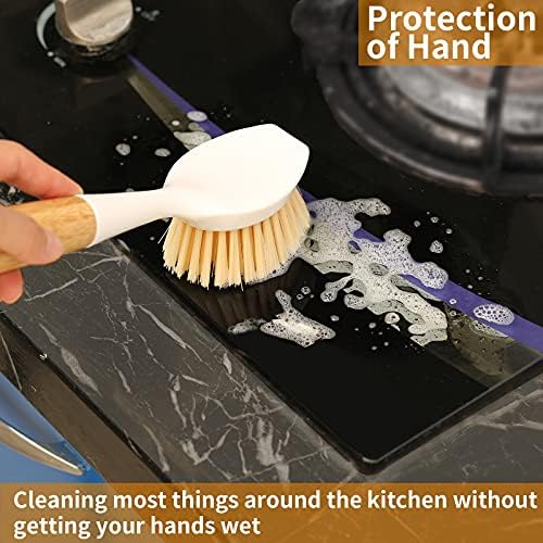 2 Pack Kitchen Dish Brush Bamboo Handle Dish Scrubber Built-in Scraper, Scrub Brush for Pans, Pots,