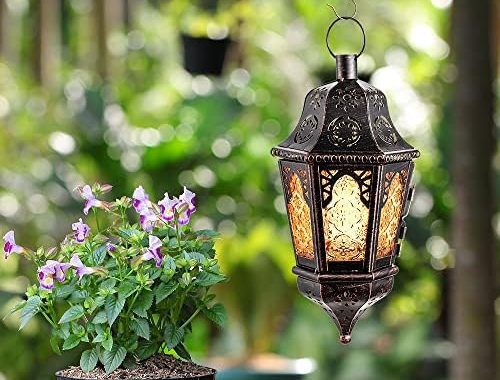 DECORKEY Ramadan Candle Lantern, Vintage Decorative Hanging Lantern for Home Outdoor Patio, Metal Ch
